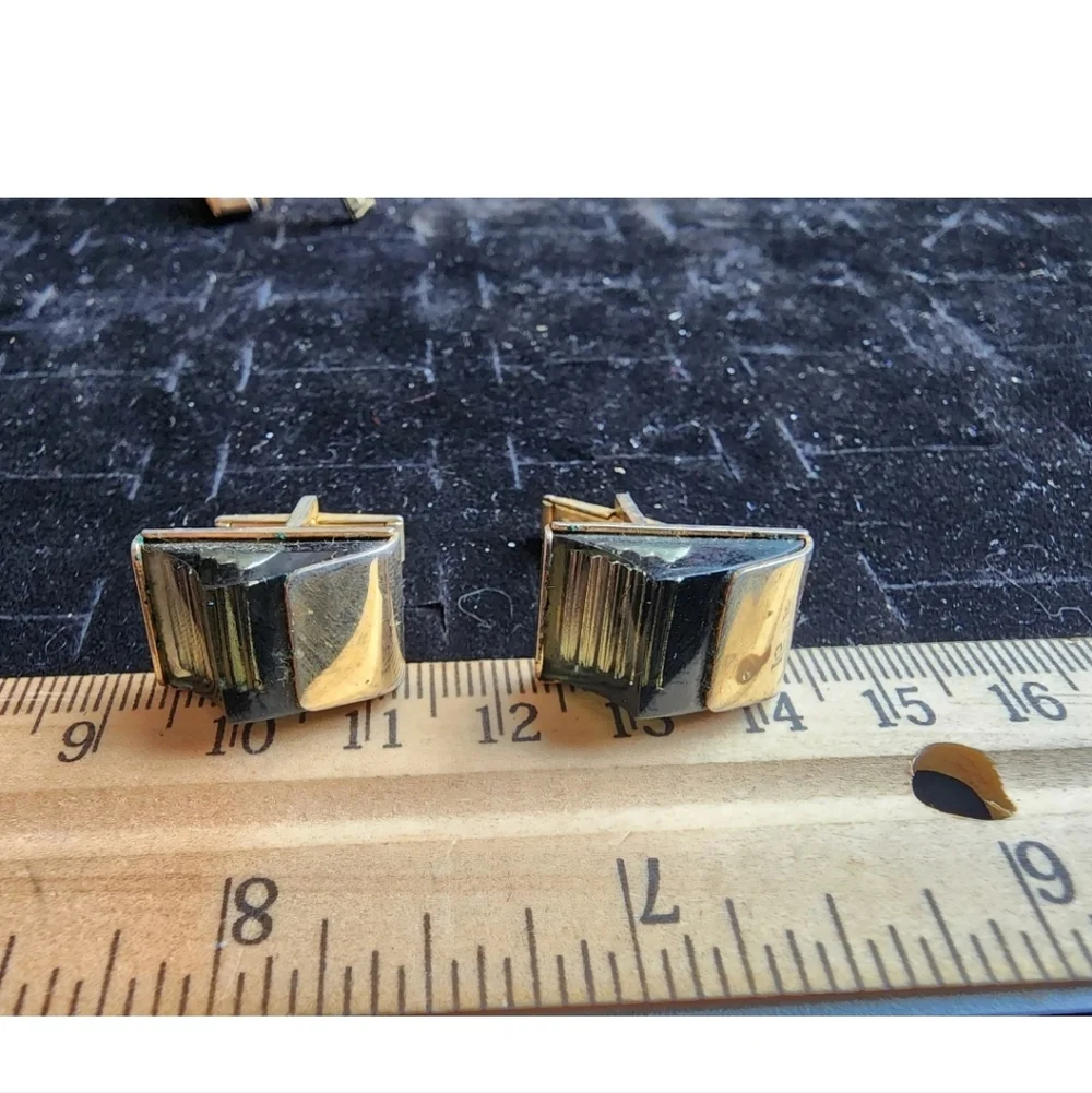 Vintage Cufflink Set Gold Tone Polished Glass Wild Color Used